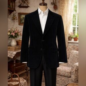 Vintage 1990s Gieves & Hawkes Black Cotton Velvet Suit Jacket / Blazer